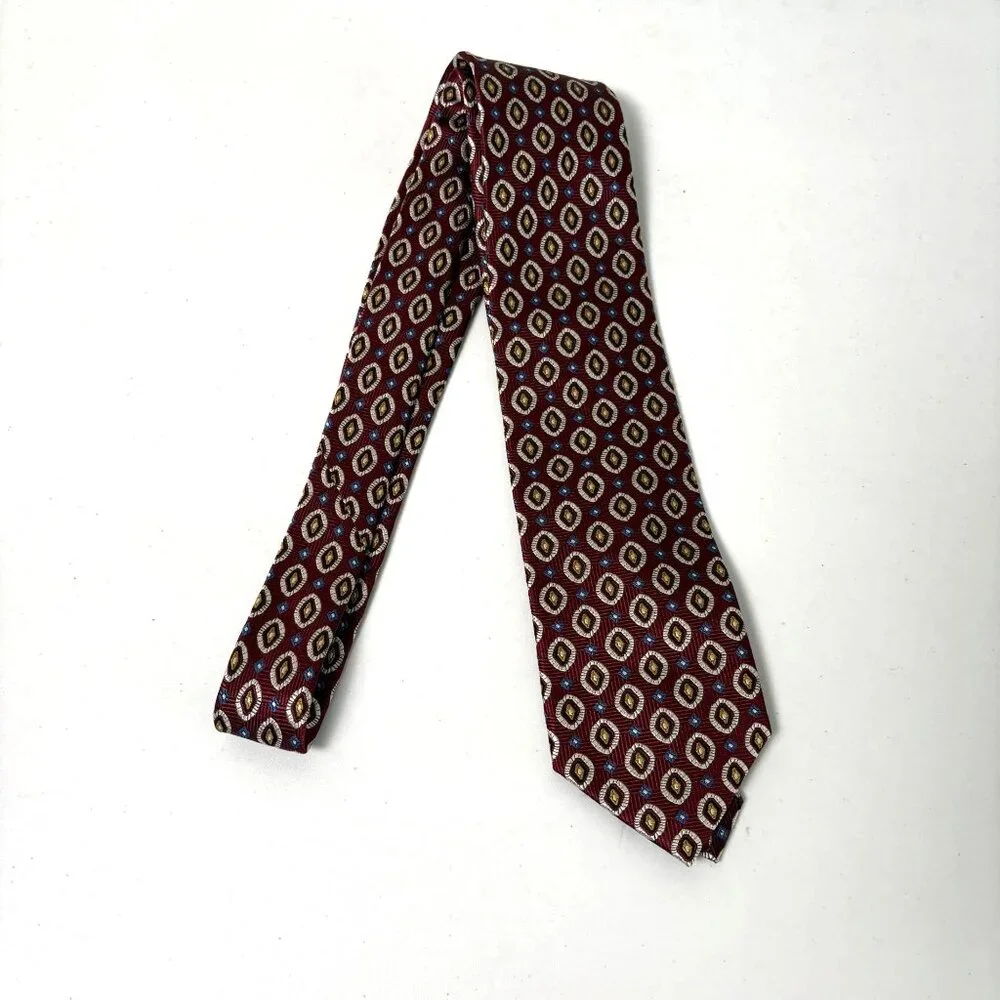 Jos A Bank Tie 100% Silk Necktie Maroon Gold Geometric‎ Medallion Print